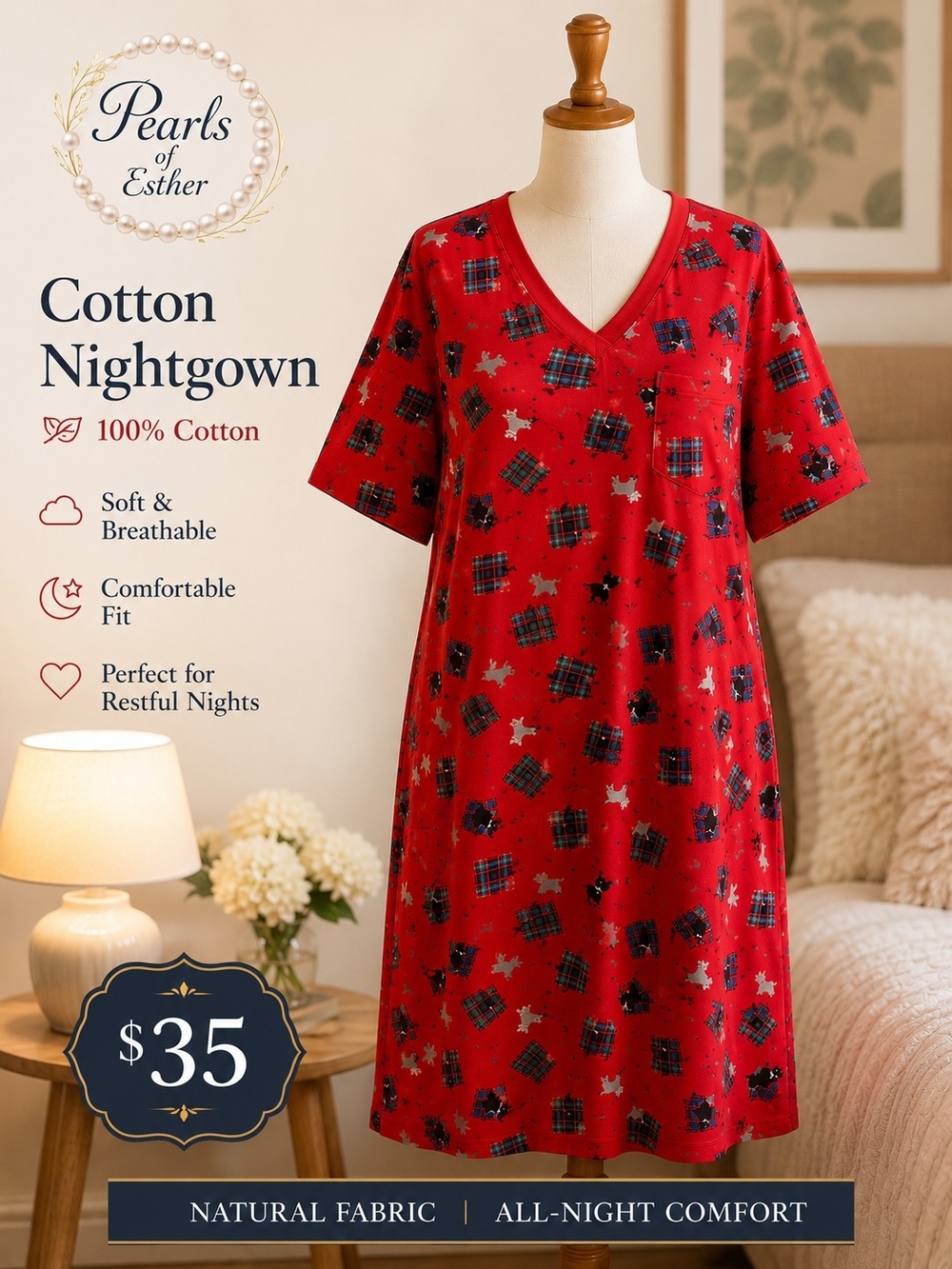 Nordstrom Red V‑Neck Cotton Nightgown with Plaid & Motif Print